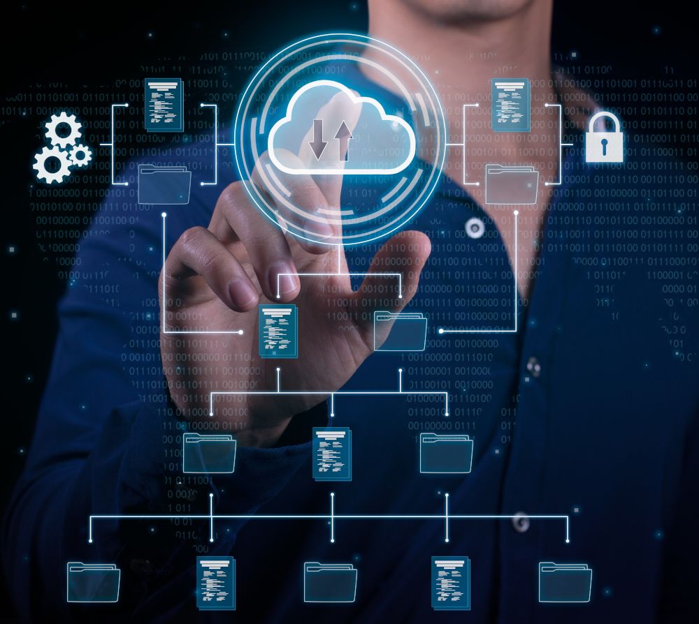 Holograma de copias de seguridad de archivos de forma segura con tecnología en la nube y sistemas digitales.